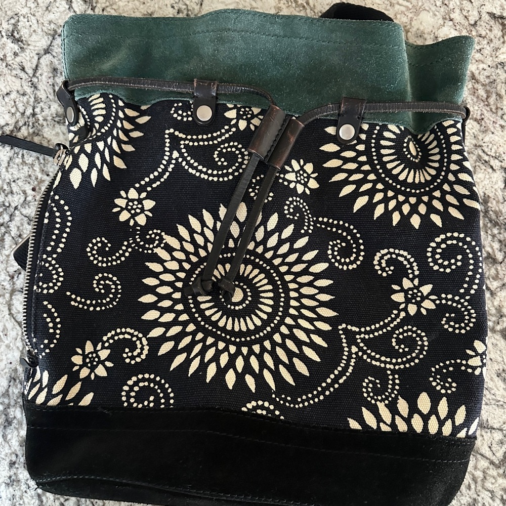 Lucky Brand boho suede and canvas drawstring backpack